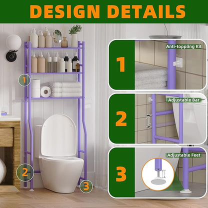 3-Tier Over Toilet Storage with Anti-Tilt Safety System - 150lb Total Capacity Metal Bathroom Shelves Including Paper Holder & 4 Hooks, Space Saving Above Commode Organizer (64" H, Purple)