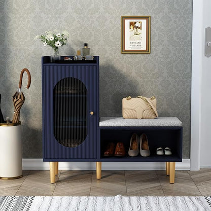 HLR Storage Bench Set of 2, Blue Modern Entryway Shoe Cabinet Bench with Glass Door&Shelf, L-Shaped Storage Cabinet with Padded Seat for Hallway, Bedroom, Living Room, Office
