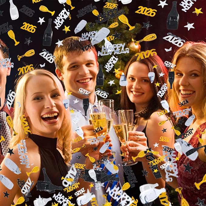 2026 Happy New Year Confetti, New Years Eve Table Decorations, Glitter Gold Black and Silver Star Wine Bottle Sprinkles Champagne Table Scatter Confetti Party Winter Holiday Table Decorations