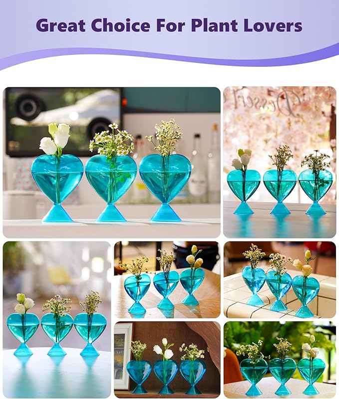 Nacome Small Glass Bud Vases for Flowers: Birthday Gifts for Wife Women Mom Garden Lovers- Set of 3 Heart Plant Terrarium for Wedding Centerpiece Table Office Indoor Home Decor(Blue)