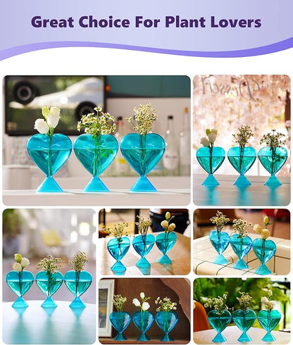 Nacome Small Glass Bud Vases for Flowers: Birthday Gifts for Wife Women Mom Garden Lovers- Set of 3 Heart Plant Terrarium for Wedding Centerpiece Table Office Indoor Home Decor(Blue)