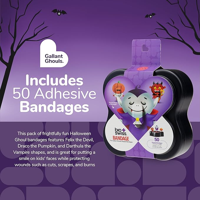 BioSwiss Kids Bandages, Halloween Ghouls Shaped Self Adhesive Bandage Set, Latex Free, Sterile Wound Care, 50 Count
