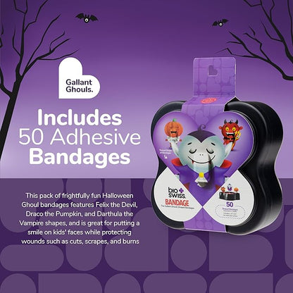 BioSwiss Kids Bandages, Halloween Ghouls Shaped Self Adhesive Bandage Set, Latex Free, Sterile Wound Care, 50 Count