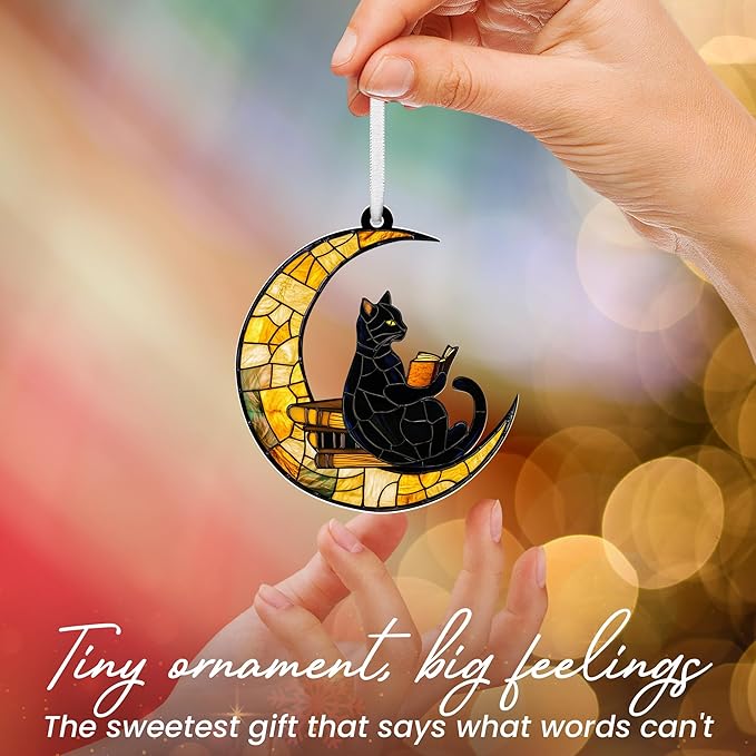 FLAGWIX Christmas Book Lovers Gifts for Readers - Acrylic Christmas Ornaments 2025 - Reading Nerd Librarian Bookish Gifts for Book Lovers, Black Cat Gift, Cat Decor Ornament for Christmas Decorations