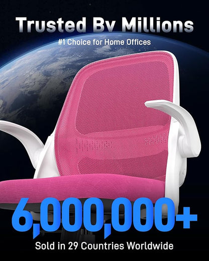 Ergonomic Mesh Office Chair for Home Office, Flip-Up Arms, Breathable Mesh Back & Thick Seat Cushion, Swivel Rolling Computer Desk Chair – BIFMA Certified, Supports 300 lbs (White Frame/Pink Seat)