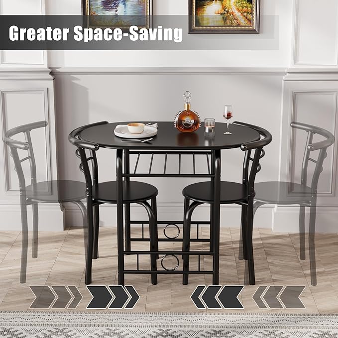 JUMMICO 3-Piece Wooden Round Table & Chair Set, Space Saving Kitchen Breakfast Nook Wood Grain Tabletop with Metal Frame and Built-in Wine Rack for Kitchen, Dining Room (Black)