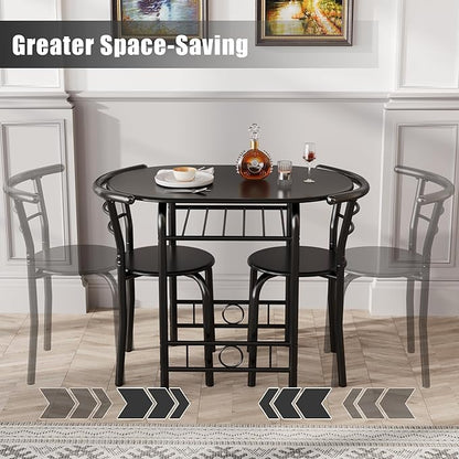 JUMMICO 3-Piece Wooden Round Table & Chair Set, Space Saving Kitchen Breakfast Nook Wood Grain Tabletop with Metal Frame and Built-in Wine Rack for Kitchen, Dining Room (Black)