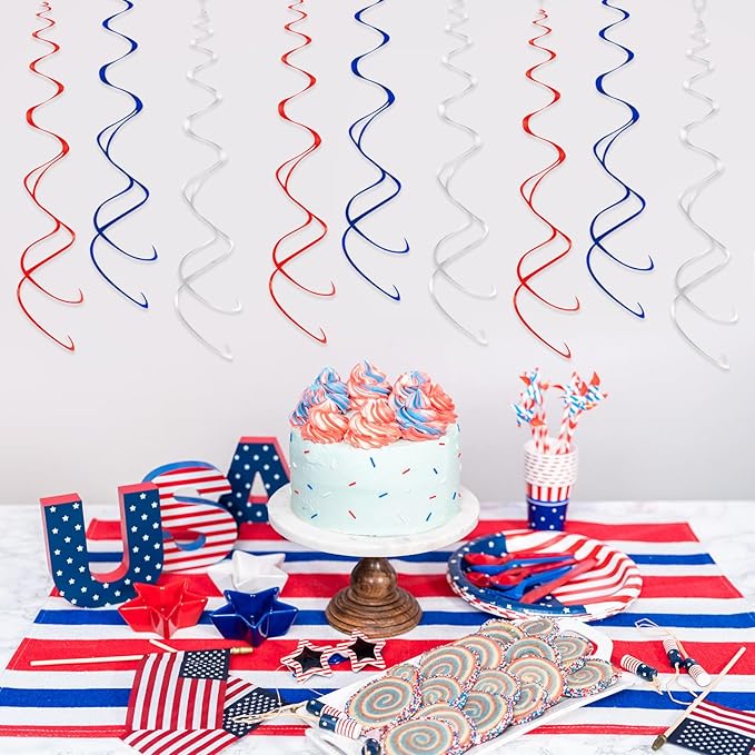 30 pcs Hanging Swirl Decorations Plastic Streamer Ceiling Swirls Party Decorations for 4th of July, Patriot Day, Veterans Day (Blue Red Sliver)