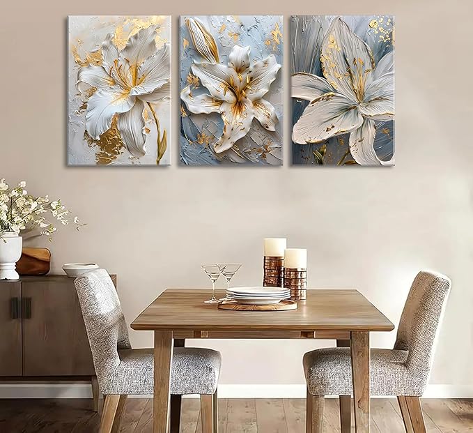 3Pcs Abstract Golden White Flower Canvas Wall Art Boho Gold Foil Blossom Oil Painting 2D Plane Textured Floral Wall Decor Nordic lily Posters Prints for Living Room Bedroom Office Pictures Framed