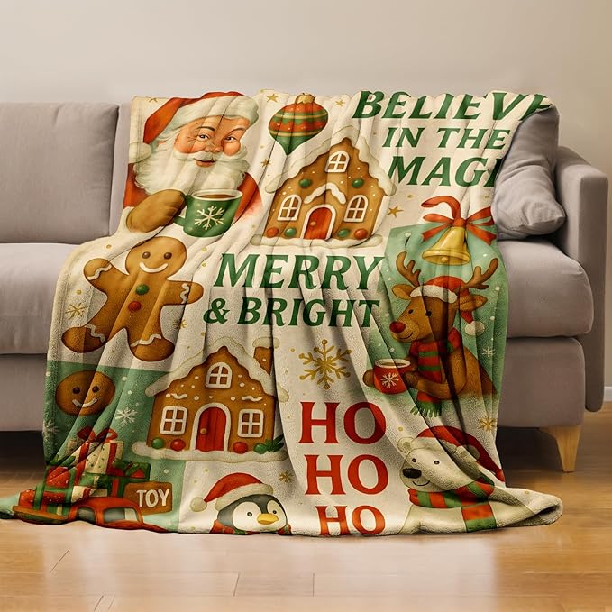 Christmas Throw Blanket Gifts for Boys Girls Kids Adults, Santa Reindeer Gingerbread Flannel Blankets for Travel Sofa Living Room Decor 60"X80"