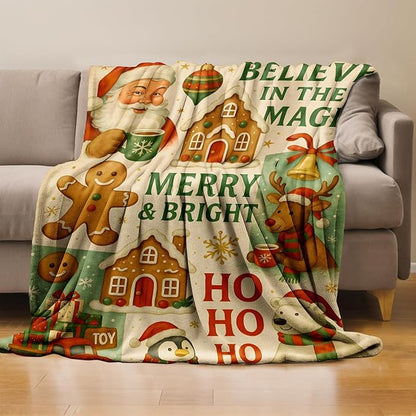 Christmas Throw Blanket Gifts for Boys Girls Kids Adults, Santa Reindeer Gingerbread Flannel Blankets for Travel Sofa Living Room Decor 60"X80"