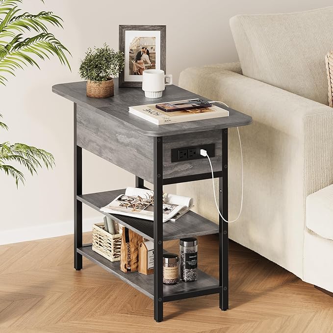 Yoobure End Table with Charging Station, Flip Top Side Table with USB Ports and Outlets, Sofa Couch Table Bedside Table for Living Room Bedroom, Narrow Nightstand with Shelves for Small Space Gray