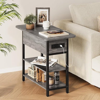 Yoobure End Table with Charging Station, Flip Top Side Table with USB Ports and Outlets, Sofa Couch Table Bedside Table for Living Room Bedroom, Narrow Nightstand with Shelves for Small Space Gray