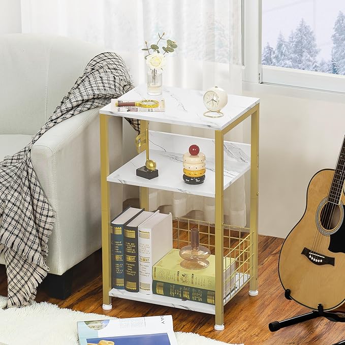 LELELINKY Side Table,White Marble Night Stand with Golden Metal Frame,3 Tier Industrial Wooden Record Player Stand with Vinyl Storage Shelf ,End Tables for Living Room Bedroom Small Spaces