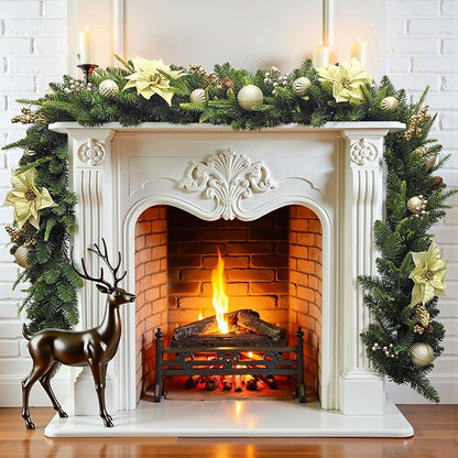 Pre-lit 9 FT LED Christmas Garland with Gold Flower and Berries, Multi-Function Christmas Garland with 50 Warm White LED Lights for Mantle Fireplace Staircase Porch Decor