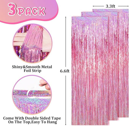 3 Pack 3.3 x 6.6 ft Pink Foil Fringe Backdrop Curtains, Tinsel Streamers Party Decorations, Fringe Backdrop for Birthday, Baby Shower, Gender Reveal, Graduation