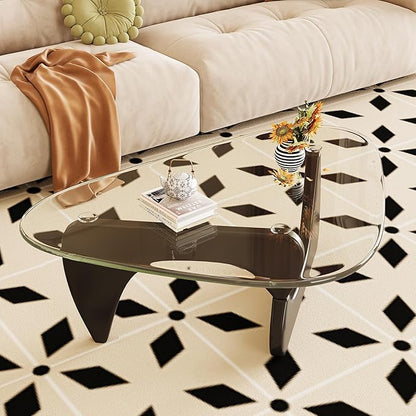 Coffee Table for Living Room Mid Century Modern Center Table with Glass Top, Black/Transparent