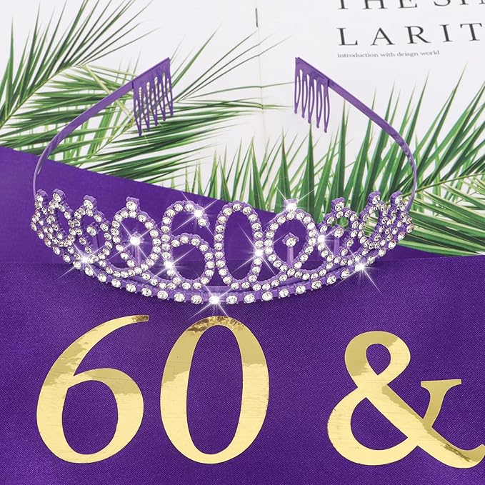 CIEHER 60th Birthday Crown and Sash - Purple 60th Decorations Women's 60 & Fabulous Sash