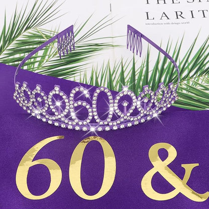 CIEHER 60th Birthday Crown and Sash - Purple 60th Decorations Women's 60 & Fabulous Sash