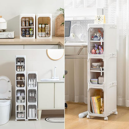 Narrow Bathroom Storage Cabinet with Wheels,5-Tier Plastic Slim Organizer with Adjustable Shelves for Small Spaces,Bathroom, Kitchen, Cream White