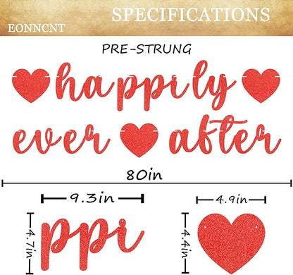 Pre-Strung Happily Ever After Banner - Red Glitter Bachelorette Bridal Engagement Party Decoration Supplies, Bachelorette Wedding Party Banner for Bridal Shower or Engagement Party Photo Booth Props