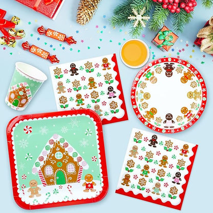 100 Christmas Party Paper Plates Napkins and Cups Set Gingerbread Disposable Dinnerware Set