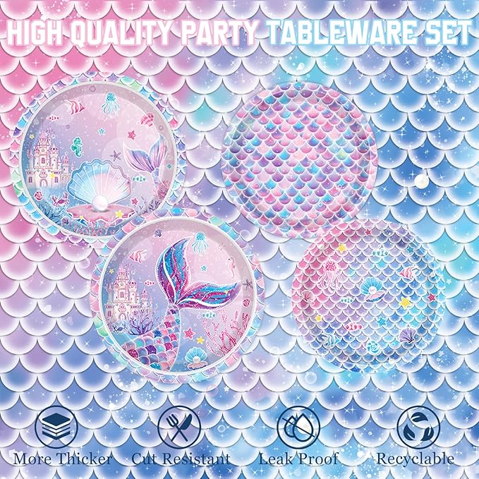 Mermaid Birthday Decorations Include Plates, Napkins, Cups, Cutlery, Hanging Swirls, Banner, Cake & Cupcake Toppers, Balloons, Tablecloth for Mermaid Party Decorations, Serve 20
