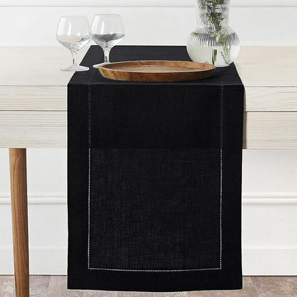 D'Moksha Homes Linen Black Table Runner 72 Inches Long - 100% Pure Linen Hemstitch Table Runner 14 x 72 Inch for Dresser, Dining, Winter, Christmas, Holiday - Classic Hemstitch