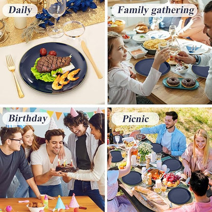 KIRE 175Pcs Blue Plastic Plates - Navy Blue Plates Disposable - 25 for Dinner 25 for Dessert 25 Pre Rolled Napkins with Gold Plastic Silverware and 25 Cups for Hanukkah/Birthday Party/Wedding