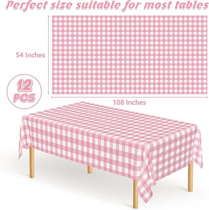 12Pack Table Cloth Rectangle Table, 54" x 108" Plastic Table Cloth Disposable, Waterproof Pink and White Checkered Table Cover for Outdoor Picnic Birthday Party Supplies Gathering BBQ Holiday Dinner