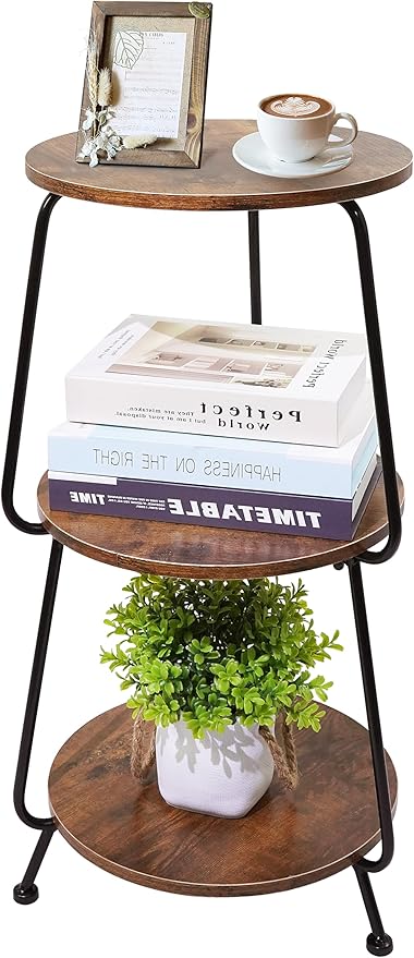Small Round Side Table, 3 Tier Circular Narrow End Table with Storage Shelf, Round Corner Coffee Table Nightstand, Compact Tea Sofa Table for Living Room Bedroom Small Spaces, Rustic, Vintage, Brown