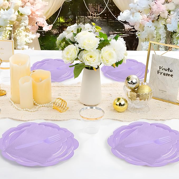 96 Pcs Purple Paper Plates and Napkins Set Party Supplies, Tableware set for 24 Guest include Disposable Purple Scalloped Plates, Napkins and Forks for Baby Shower Bridal Shower Wedding