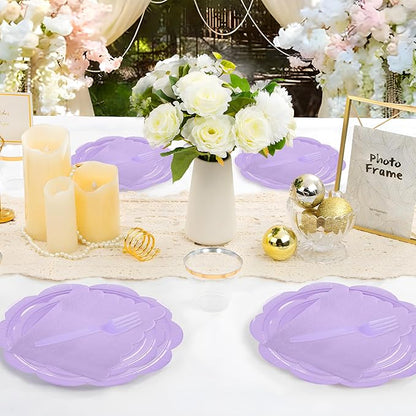96 Pcs Purple Paper Plates and Napkins Set Party Supplies, Tableware set for 24 Guest include Disposable Purple Scalloped Plates, Napkins and Forks for Baby Shower Bridal Shower Wedding