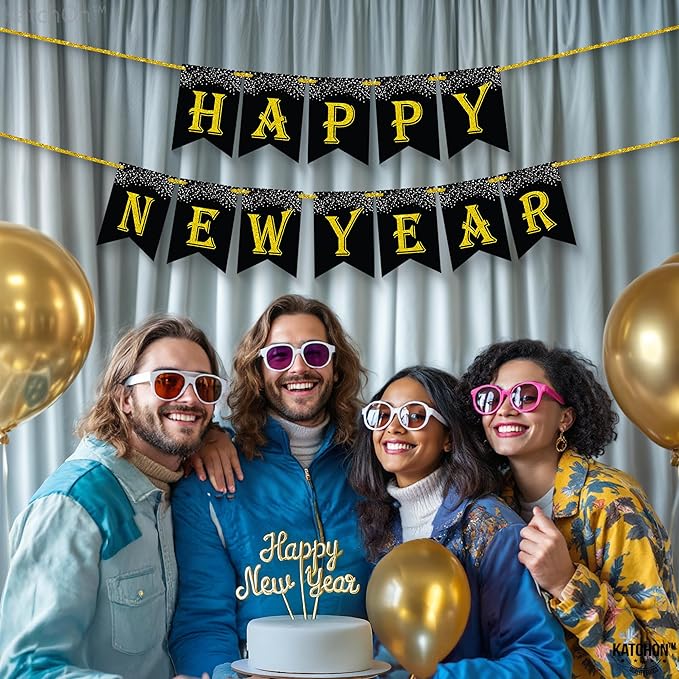 KatchOn, Black Gold Happy New Year Banner 2026-10 Feet | Happy New Year Sign, Happy New Years Decorations 2026 | NYE Banner for NYE Decorations 2026 | New Years Eve Party Supplies 2026