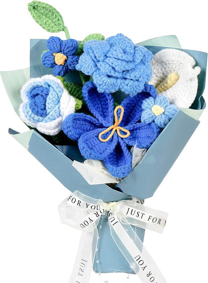 Crochet Flower Bouquet Blue Rose, Handmade Crochet Flowers Knitted Bouquet for Birthday, Wedding, Anniversary, Graduation Gift for Her, Girlfriend, Wife, Womeng (Blue)