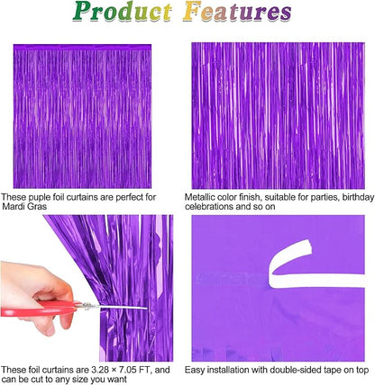 2 Pack Backdrop Curtains, 3.28 FT x 7.05 FT Purple Tinsel Backdrop, Metallic Purple Backdrop Fringe Curtains Foil Streamer, Party Supplies Photo Props for Anniversaires Wedding Party