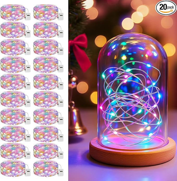 litogo 20 Pack 7FT 20 LED Fairy Lights Battery Operated, 3 Lighting Modes, Bulk Mini Twinkle String Lights Waterproof Silver Wire for Weddings Mason Jars Party Christmas Decorations-Multi-Colored