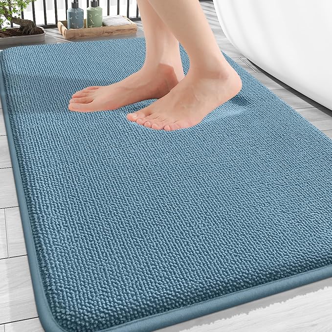 OLANLY Thick Memory Foam Bath Mat Rug 30x18, Extra Soft Absorbent Bathroom Rug, Quick Dry Bath Mats, Non-Slip, Machine Washable Carpet for Bathroom, Tub and Shower, Home Decor Accessories, Airy Blue