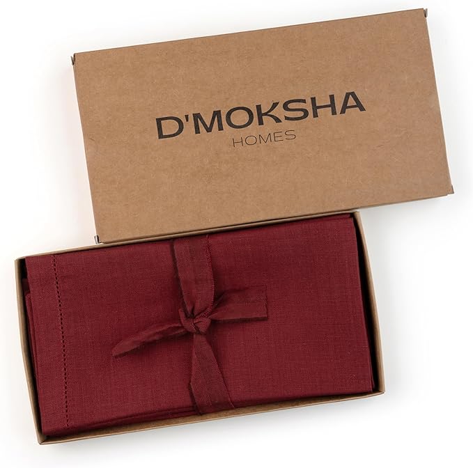 D'Moksha Homes Dark Red Linen Napkins Set of 4 - Classic Hemstitch 100% Pure Linen Hemstitch Dinner Napkins 20 x 20 Inch for Winter, Christmas, Holiday - Handcrafted and Machine Washable