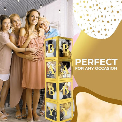 Baby Shower Boxes with Letters – Gold Boxes with Gold & Black Balloons – 44-Piece Gender Reveal & Party Decoration Set by Vellax