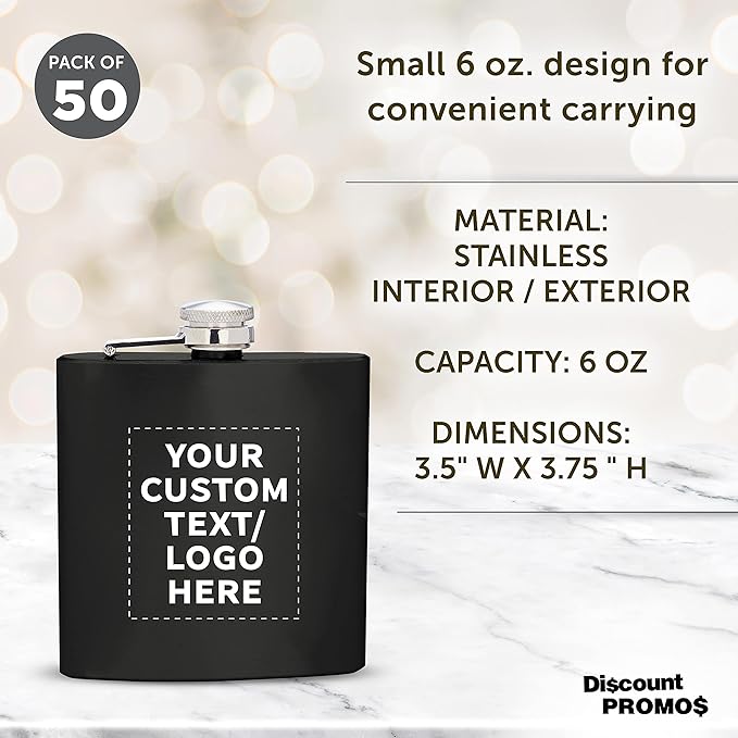 Custom Murano Stainless Steel Hip Flasks 6 oz. Set of 50, Personalized Bulk Pack - Screw on Cap, Great for Wedding Party Gifts, Groomsmen Gifts, Outdoor Activities - Black