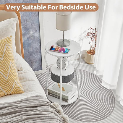 Small Round Side Table with Storage Bag, 3-Tier Accent Round End Table with Four Storage Functions for Living Room, 21.6" H Vintage Smalls Corner Table for Small Spaces Nightstand Bedroom