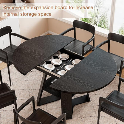 43.3in-59in Extendable Round Dining Table for 2-8,Modern Kitchen Oval Dining Table with Removable Leaves Space Saving,Wood Base with Storage Shelf for Kitchen Living Room (Black Style 3)