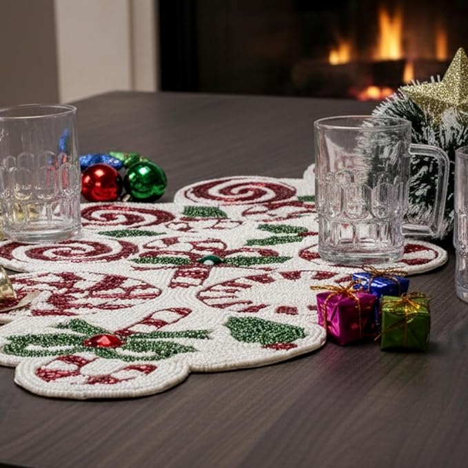 CLEENTABLE Handcrafted Christmas Beaded Table Runner – 36"x13" Art Deco Home Decor & Luxury Dinner Table Centerpiece in Vibrant Cherry Reddish with 85% Glass Beads, Durable Polyester Backing