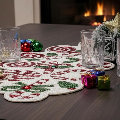CLEENTABLE Handcrafted Christmas Beaded Table Runner – 36"x13" Art Deco Home Decor & Luxury Dinner Table Centerpiece in Vibrant Cherry Reddish with 85% Glass Beads, Durable Polyester Backing