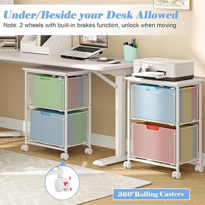 Letter/Legal Rolling File Cabinet, Rolling File Cart with 2 Drawers Filing Cabinet for Home Office, Hanging File Folders Organizer for Under Desk Storage, Mobile Printer Stand, White