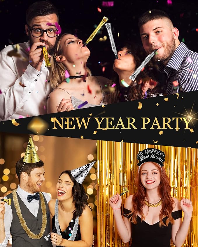 Wettarn 144 Pcs New Years Party Supplies 2026 Happy New Year Decorations Includes 24 Hats, 24 Tiaras, 48 Squawkers, 48 Leis