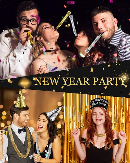 Wettarn 144 Pcs New Years Party Supplies 2026 Happy New Year Decorations Includes 24 Hats, 24 Tiaras, 48 Squawkers, 48 Leis