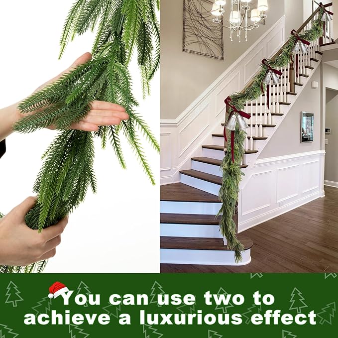Christmas Norfolk Pine Garland, 6FT Soft-Touch Artificial Pine, Realistic Winter Garland for Mantle, Table, Fireplace, Wall Xmas Decor
