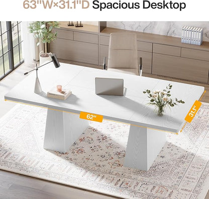 Tribesigns 63-Inch Executive Desk, Large Office Computer Desk with Double Pedestal, Modern Simple Workstations Writing Table Conference Table Business Furniture for Home Office, White